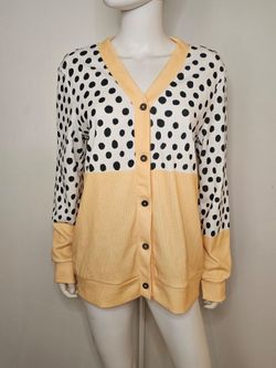 NWOT Womens Polka Dot & Yellow V-Neck Button Long Sleeve Cardigan Sweater Size M
