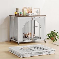 ONBRILL 31 Inch Foldable Dog Crate Furniture, Wooden Dog Kennel, White for Medium Small Dogs (20-35 lbs), Quick Assembly, Glide Wheels, Spring Locks, 