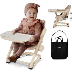 Feed Me 3-in-1 Travel High Chair Booster Seat for Infants and Toddlers - Transitional, Compact & Fits Any Chair, Swivel Tray, Milk Tea