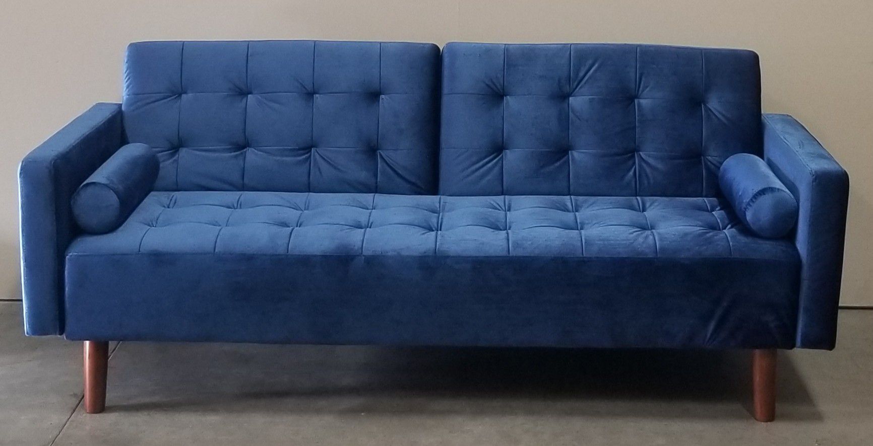 New in box Blue Velvet Mid-Century Modern Sofa Bed Couch Futon