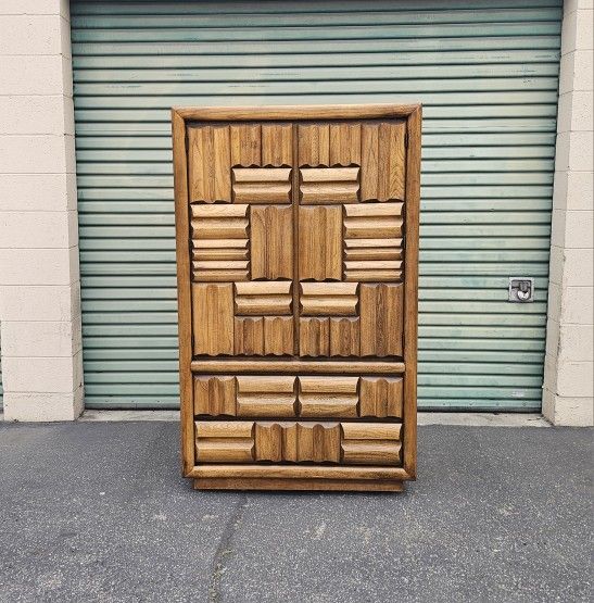 Vintage 1970s Mid Century Lane Brutalist Dresser Armoire Cabinet Cubism Postmodern Mid Century Po