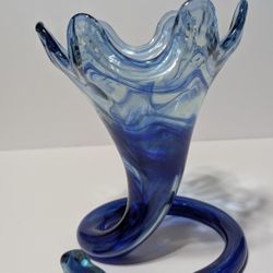 8.5" Hand Blown Blue Art Glass Ribbon Vase – Twisted Loop Base Sculpture

