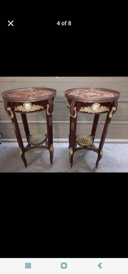Antique French Louis XVI style Brass Ormolu and Floral Inlaid Accent Tables - a Pair