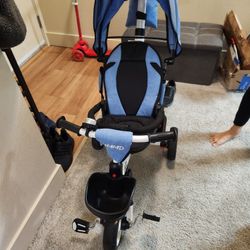 JMMD Baby Trike, 6-in-1 Kids Tricycle with Adjustable Push Handle, Removable Canopy, Safety Harness for 18 Months - 5 Year Old, Blue