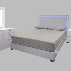 White Glossy Queen Bed Modern Platform No Mattress, Dresser, LED Mirror And 1 Nightstand 