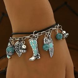 Southwest Charm Bracelet Created Turquoise Boots Feathers Pendants.