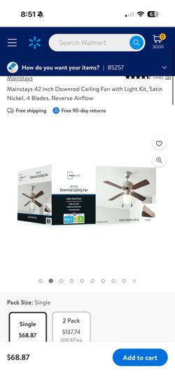 Mainstays 42 inch Downrod Ceiling Fan with Light Kit, Satin Nickel, 4 Blades, Reverse Airflow