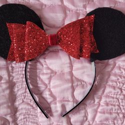 Minnie Mouse Kids WDW Walt Disney World Red Ribbon Ears MICKEY Hat Glitter