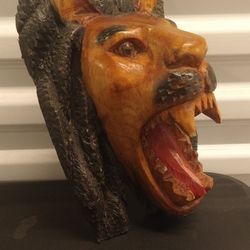 HAND CARVED WOODEN ROARING LION
