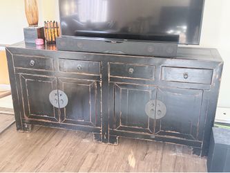Vintage asian distressed sideboard with circular metal pulls