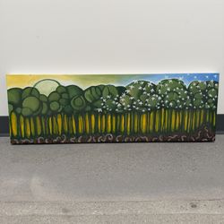 36”x12” Panoramic Forest Landscape Canvas Painting – Modern Wall Art