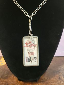 Jewel Kade Artist  Brand Rectangular Silvertone Pendant with Red Heart Design Double Sided "Listen to Your Heart" Necklace 30" Chain 2" Pendant F10