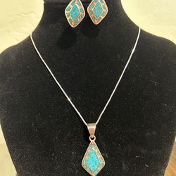 New, Firm, Sterling Silver, 3 Piece inlaid Turquoise Pendant with SS 18-inch Chain and Matching Push Back Earrings