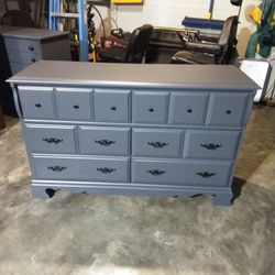 Dresser painted smoke blue dove detailed drawers 32 high 50 wide 18 deep