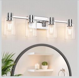4-Light Modern Vanity Light Fixtures Over Mirror, Chrome Bathroom Light Fixtures, Vanity Lights, Wall Sconce with Clear Glass Shade for Bathroom, E26 