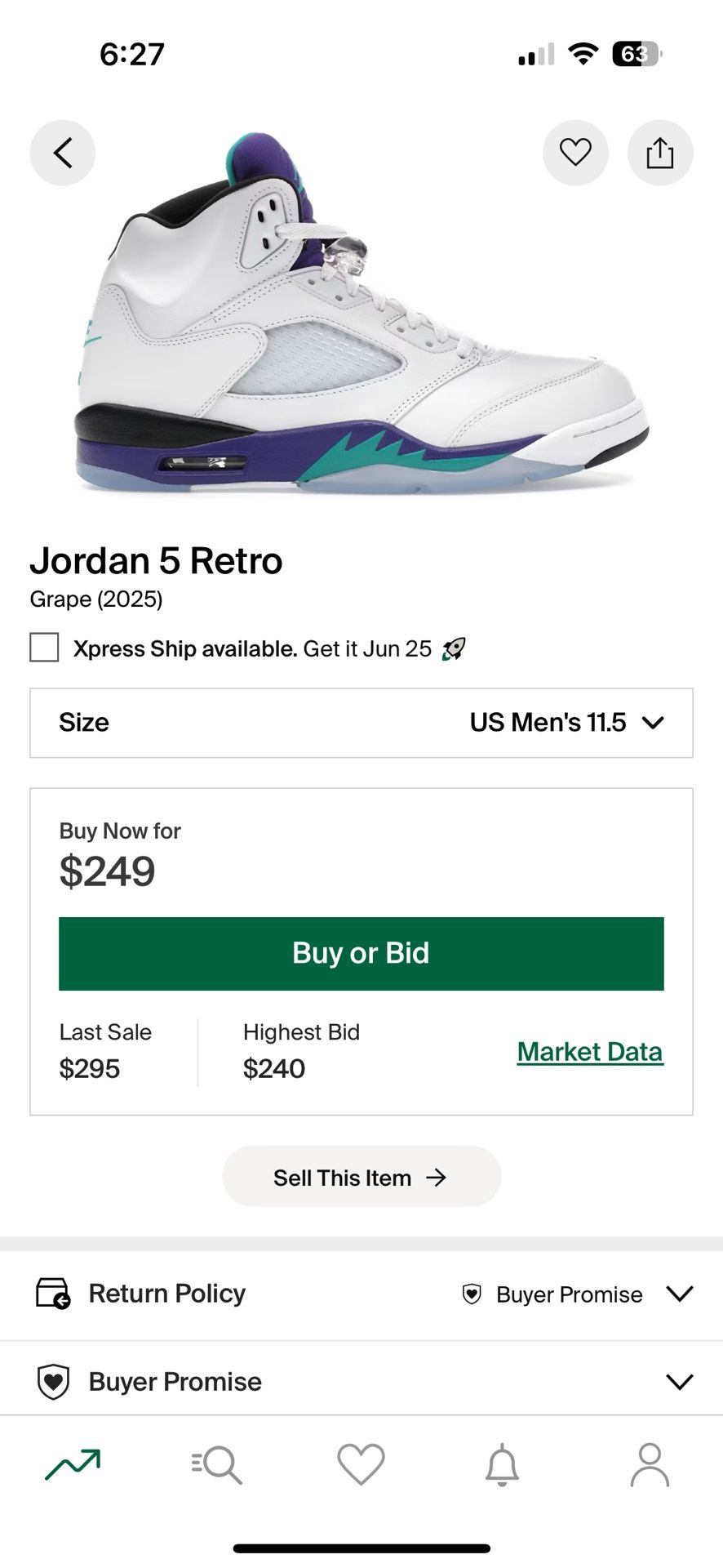 Jordan 5 Retro Grape Size 11.5 2025