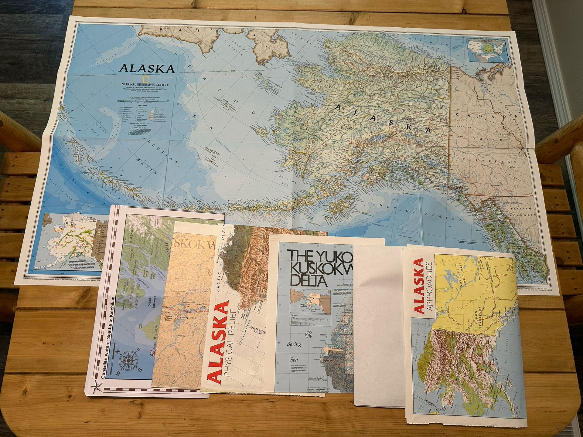 * 7x Large Old ALASKA MAPS * Yukon * Upper Kudkokwim * Alaska/Aleutian Islands/Basin * Alaska from US/Canada Surrounds Map * Alaska Physical Relief