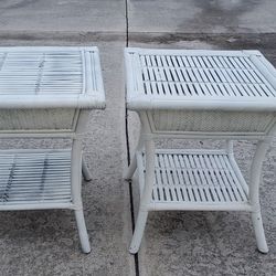 2 WHITE WICKER RATTAN END TABLES