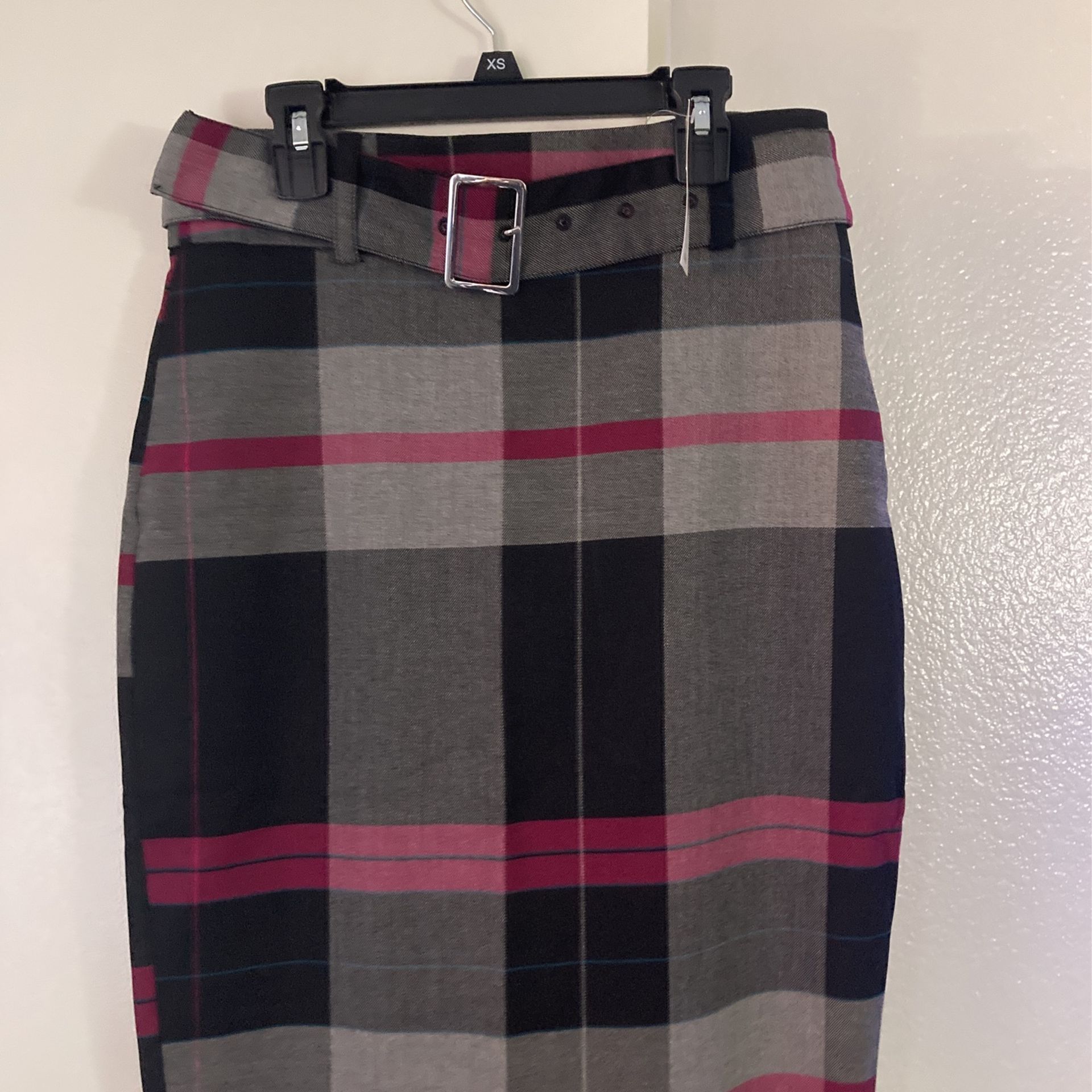 Belted Plaid Pencil Skirt