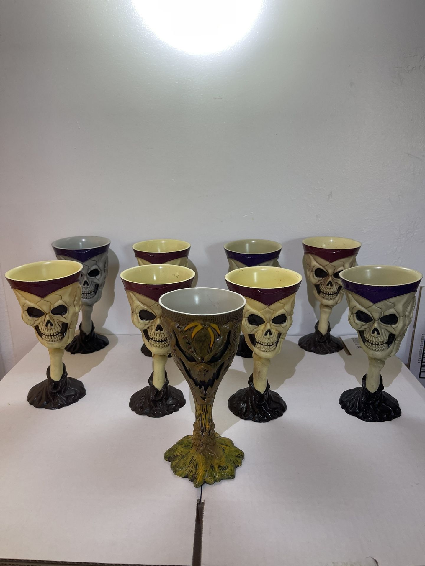 Vintage 9 Halloween Scary Skeleton Skull Goblets 7 1/4” Tall-Easter Unlimited.