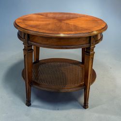 Vintage Drexel Heritage Barcelona Round Side Table • Cane Shelf • Parquet Wood Top • 24”