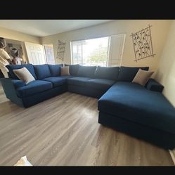 Brand New Elegant Blue Comfy Smooth Fabric Sectional Set 