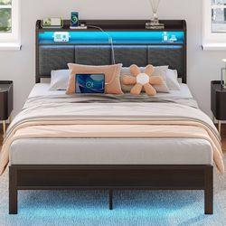 Rolanstar Queen Bed Frame with LED Lights, Upholstered Headboard, Charging Station, Storage Shelves, Heavy Duty Metal Slats, No Box Spring Needed, Noi