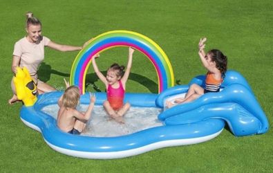 Kids Play Pool Bestway H2OGO! Rainbow 'n Shine Play Pool Center, one pool, one slide, repair patch, one pc of water watcher tag.