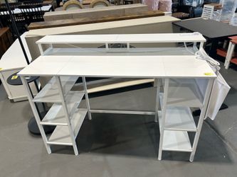 White Desk with Storage Shelves - 47 inch Home Office Gaming Desk with Monitor Stand