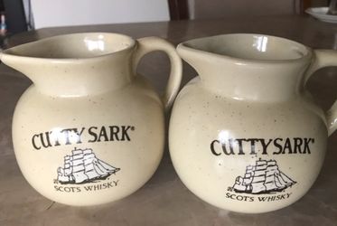 2 brand new Cutty Sark Scots Whisky Ceramic Pitcher Decanter 4" tall Bar Decor