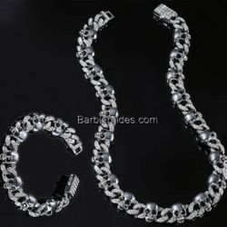 2-Pcs Iced Skull Rhodium Plated Cubic Zirconia Men Women Halloween Miami Cuban 20"Necklace & Bracelet Set