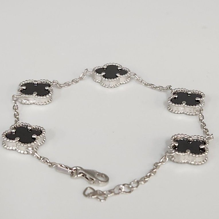 Fashion Silver Onyx Floral Clover Bracelet 8"