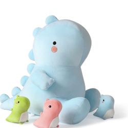 4 piece of Cute Dinosaur Plush Pillow Toys for Kids Girls Boys (Blue Dinosaur Family)