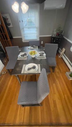 .  Solid Wood Rustic Dining Table Set with 4 Upholstered Chairs – Distressed Finish