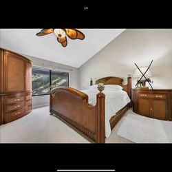 Cal King Bedroom Headboard+Footboard, 2 Dressers, Armoire, 2 Round Tables, White Upholstered Bench, Apothecary Style Hutch, Bakers Rack, Queen Sleeper