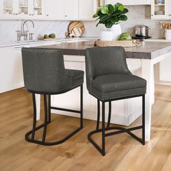26 in. Black Gray Faux Leather Upholstered Counter Height Bar Stool with Double Cushion Bar Stool Set of 2