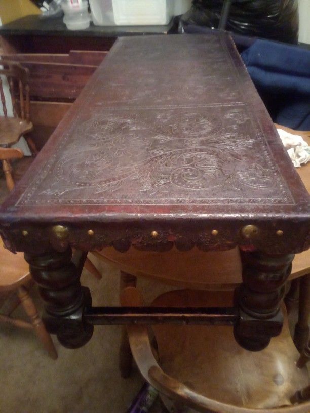 Vintage Peruvian Tooled Leather Top Table