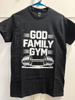 GOD FAMILY GYM Design Tshirt for Men or Women. Large size adult. Also available in Small, Medium, XL and 2 XL shirt sizes.