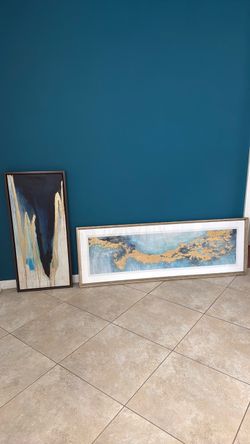 Set of 2 Modern Abstract Framed Wall Art – Gold Leaf & Navy Blue Accent Set