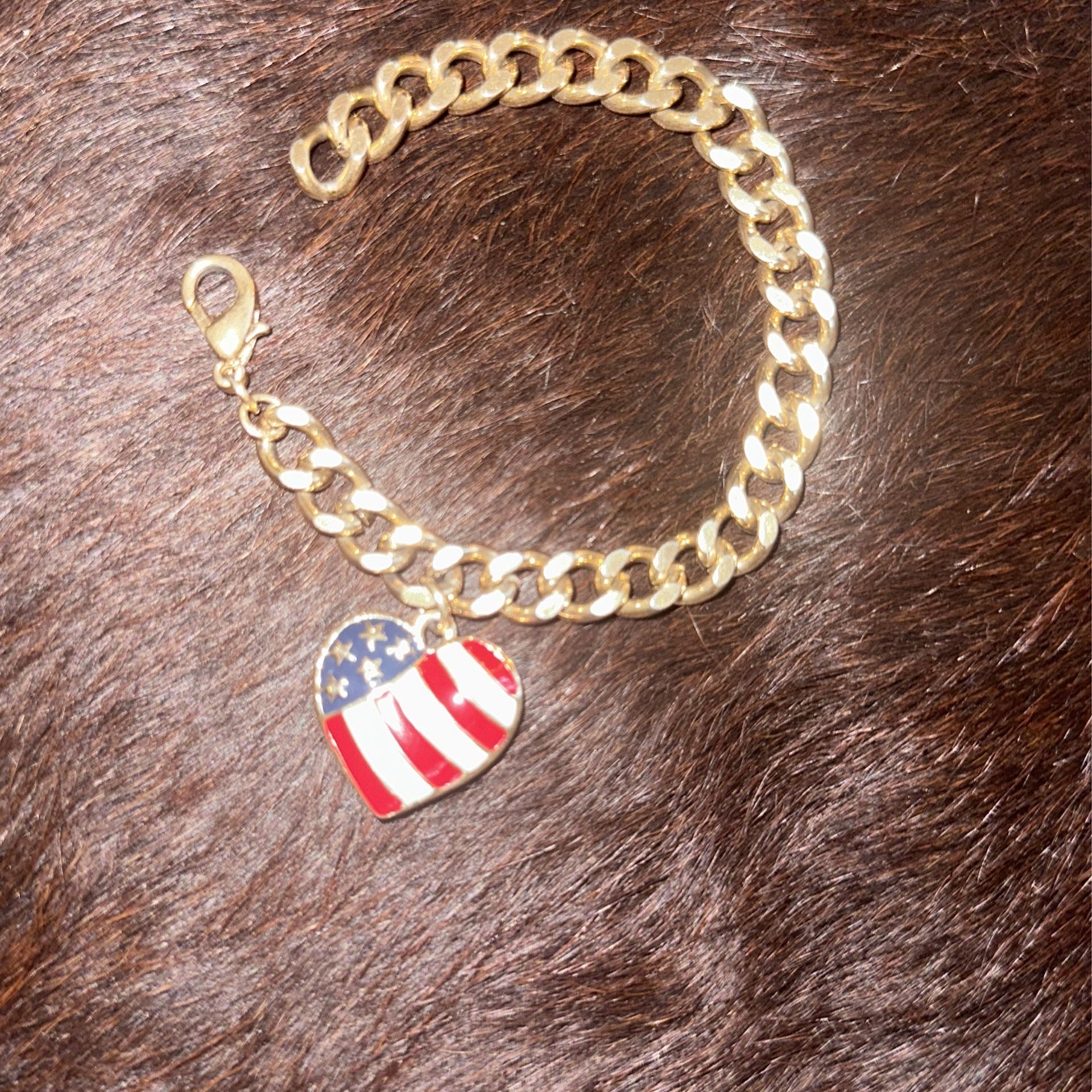 St John Heart Gold Bracelet - USA Flag - 4th Of July Patriotic Jewelry
