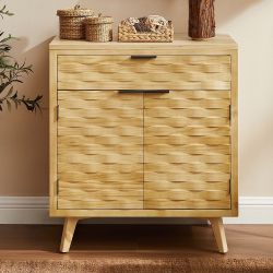 Natural Wood Cabinet with Wave-Carved Doors