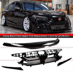 22-24 Honda Civic VS Style Gloss Black Upper Hood Trim + Grill Replacement