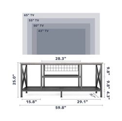 Industrial TV Stand w/ Open Storage Shelves w/ Metal Frame - Gray