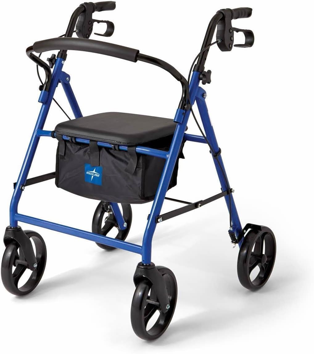 Medline Steel Rollator Walker for Adult Mobility Impairment, Blue, 350 lb. Weight Capacity, 8 Wheels, Foldable, Adjustable Handles, Rolling Walker for