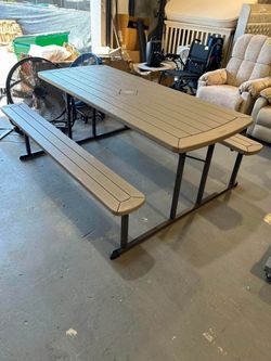 ( Small dent) OEF Furnishings Heavy Duty Blow Molded Folding Picnic Table - Brown, Brown Frame
