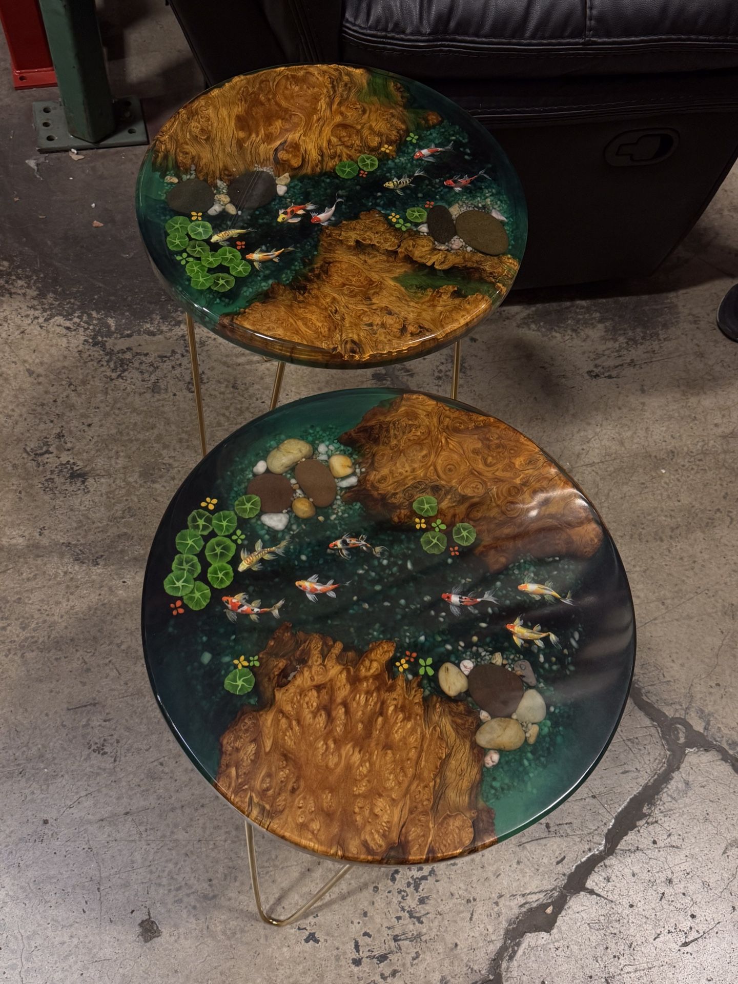 Round Koi Resin and Wood Side Table