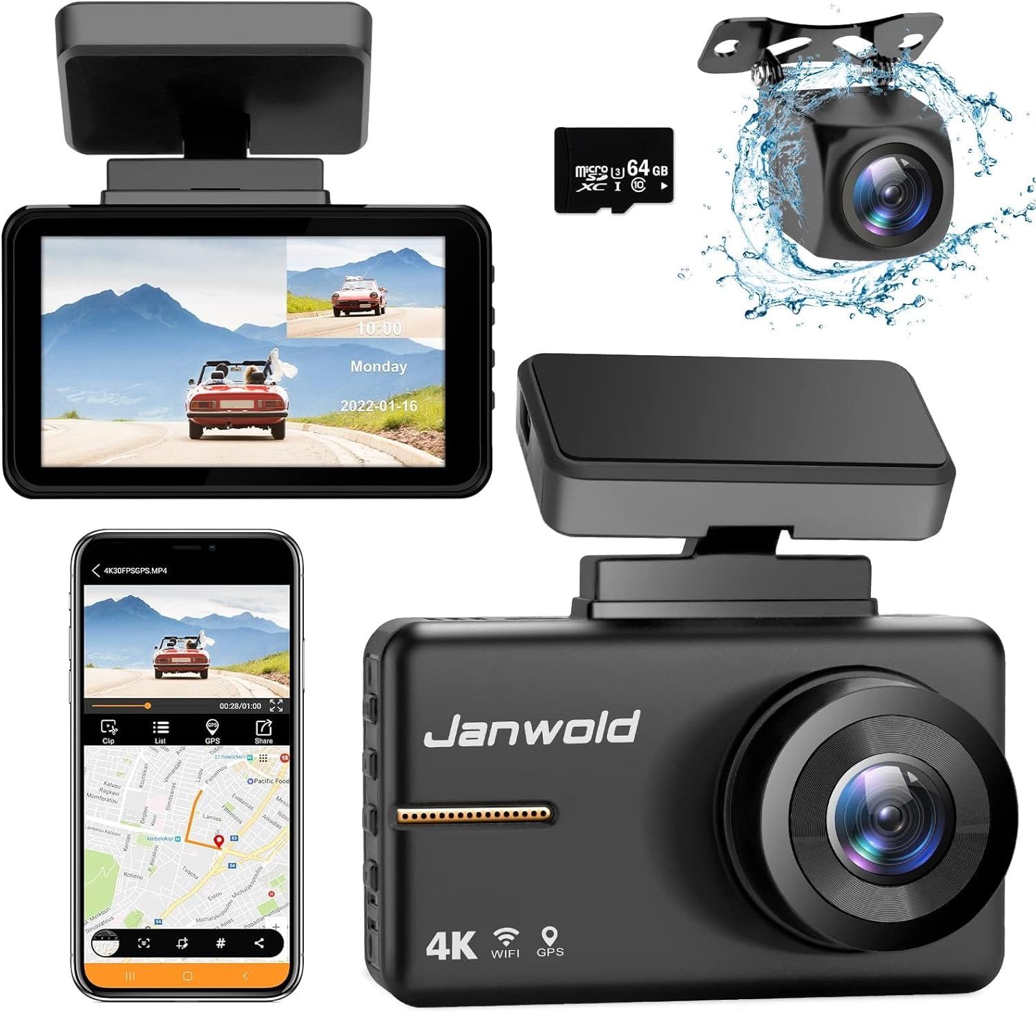 Dash Cam Front and Rear with WiFi GPS and Speed, 4K Dual Dash