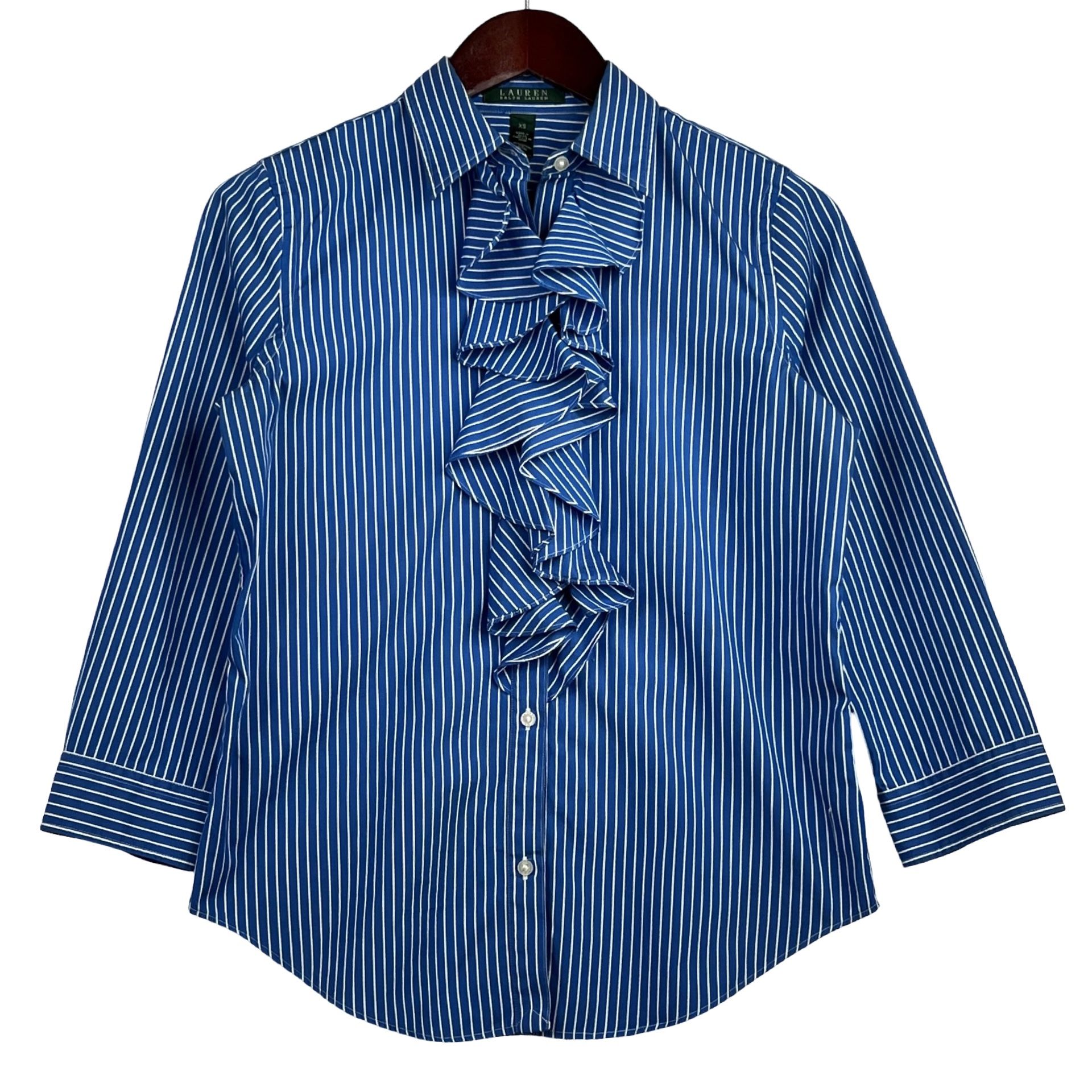 Lauren Ralph Lauren Blouse Shirt Cyan Blue & White Stripes -XS-