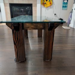 🔥 Homemade Coffee Table – Glass Top + Burnt Wood Legs