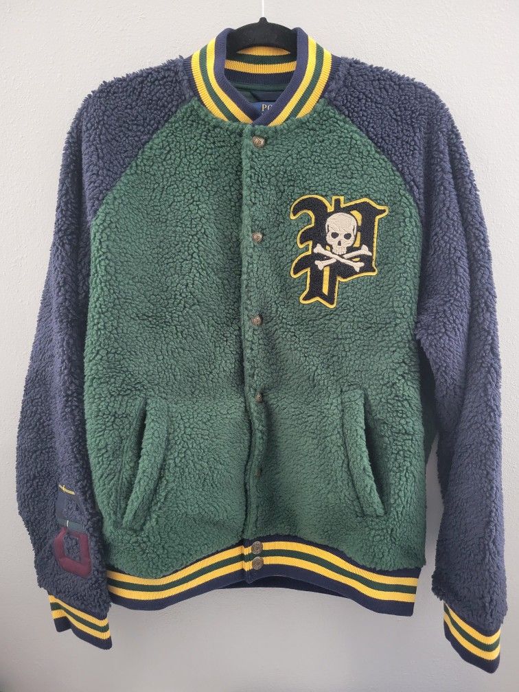 New Polo by Ralph Lauren Skull Varsity Sherpa Letterman Men's Jacket Size Medium, 2XL